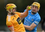 9 January 2022; Conor Johnston of Antrim in action against Daire Gray of Dublin during the Walsh Cup Senior Hurling round 1 match between Dublin and Antrim at Parnell Park in Dublin. Photo by Ramsey Cardy/Sportsfile