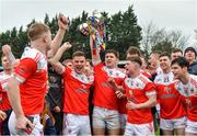 9 January 2022; Lorcán Daly of Pádraig Pearses holds the cup aloft during the celebrations after his side's victory in the AIB Connacht GAA Football Senior Club Championship Final match between Knockmore and Pádraig Pearses at James Stephens Park in Ballina, Mayo. Photo by Piaras Ó Mídheach/Sportsfile