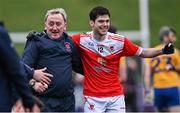 9 January 2022; Pádraig Pearses manager Pat Flanagan celebrates with Shane Carty after their side's victory in the AIB Connacht GAA Football Senior Club Championship Final match between Knockmore and Pádraig Pearses at James Stephens Park in Ballina, Mayo. Photo by Piaras Ó Mídheach/Sportsfile