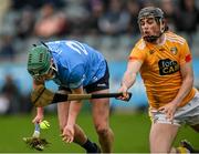 9 January 2022; Aidan Mellett of Dublin in action against Gerard Walsh of Antrim during the Walsh Cup Senior Hurling round 1 match between Dublin and Antrim at Parnell Park in Dublin. Photo by Ramsey Cardy/Sportsfile