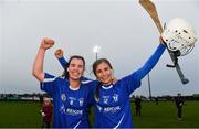 9 January 2022; Raharney joint-captains and sisters Laura Doherty, left, and Aoife Doherty celebrate after their sides victory in the 2020 AIB All-Ireland Junior Club Camogie Championship Final match between Clanmaurice and Raharney at Moyne Templetuohy GAA Club in Templetuohy, Tipperary. Photo by Eóin Noonan/Sportsfile