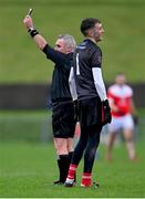 9 January 2022; Pádraig Pearses goalkeeper Paul Whelan is shown the black card by referee James Molloy during the AIB Connacht GAA Football Senior Club Championship Final match between Knockmore and Pádraig Pearses at James Stephens Park in Ballina, Mayo. Photo by Piaras Ó Mídheach/Sportsfile