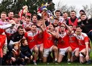 9 January 2022; Lorcán Daly of Pádraig Pearses holds the cup aloft during the celebrations after his side's victory in the AIB Connacht GAA Football Senior Club Championship Final match between Knockmore and Pádraig Pearses at James Stephens Park in Ballina, Mayo. Photo by Piaras Ó Mídheach/Sportsfile