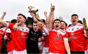 9 January 2022; Pádraig Pearses players, from left, Mark Richardson, Paul Whelan, Lorcán Daly and Gavin Downey celebrate after their side's victory in the AIB Connacht GAA Football Senior Club Championship Final match between Knockmore and Pádraig Pearses at James Stephens Park in Ballina, Mayo. Photo by Piaras Ó Mídheach/Sportsfile