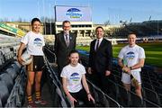11 January 2022; Irish Life announces four-year partnership with GAA Healthy Clubs. To date, GAA Healthy Clubs has engaged 300 clubs and with the sponsorship, they expect to see an additional 375 clubs join the growing movement by January 2024. Pictured at the announcement at Croke Park in Dublin are, from left, Meath ladies footballer Niamh O’Sullivan, Uachtarán Chumann Lúthchleas Gael Larry McCarthy, Grace Birch Lucan Sarsfields GAA Healthy Club, Declan Bolger, CEO, Irish Life, and Limerick hurler William O’Donoghue. Photo by Ramsey Cardy/Sportsfile