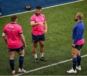 11 January 2022; Rónan Kelleher, centre, speaks with Tadhg Furlong and Andrew Porter during a Leinster rugby squad training session at Energia Park in Dublin. Photo by Harry Murphy/Sportsfile