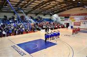 7 January 2022; Players from both sides stand for the national anthem before the InsureMyHouse.ie Paudie O’Connor Cup semi-final match between The Address UCC Glanmire and Singleton's SuperValu Brunell at Neptune Stadium in Cork. Photo by Sam Barnes/Sportsfile