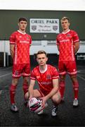 14 January 2022; Dundalk players, from left, John Martin, Joe Adams and Greg Sloggett at the launch of the club's new third choice strip at Oriel Park in Dundalk, Louth. Photo by Stephen McCarthy/Sportsfile