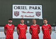 14 January 2022; Dundalk players, from left, Joe Adams, John Martin, Greg Sloggett and Paul Doyle at the launch of the club's new third choice strip at Oriel Park in Dundalk, Louth. Photo by Stephen McCarthy/Sportsfile
