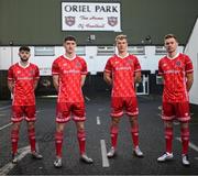 14 January 2022; Dundalk players, from left, Joe Adams, John Martin, Greg Sloggett and Paul Doyle at the launch of the club's new third choice strip at Oriel Park in Dundalk, Louth. Photo by Stephen McCarthy/Sportsfile