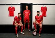 14 January 2022; Dundalk players, from left, Paul Doyle, Greg Sloggett and Joe Adams at the launch of the club's new third choice strip at Oriel Park in Dundalk, Louth. Photo by Stephen McCarthy/Sportsfile