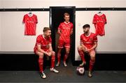 14 January 2022; Dundalk players, from left, Paul Doyle, Greg Sloggett and Joe Adams at the launch of the club's new third choice strip at Oriel Park in Dundalk, Louth. Photo by Stephen McCarthy/Sportsfile