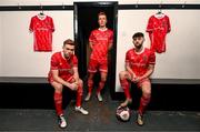 14 January 2022; Dundalk players, from left, Paul Doyle, Greg Sloggett and Joe Adams at the launch of the club's new third choice strip at Oriel Park in Dundalk, Louth. Photo by Stephen McCarthy/Sportsfile