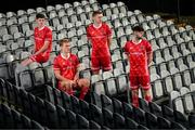 14 January 2022; Dundalk players, from left, John Martin, Greg Sloggett, Paul Doyle and Joe Adams at the launch of the club's new third choice strip at Oriel Park in Dundalk, Louth. Photo by Stephen McCarthy/Sportsfile