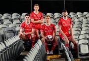 14 January 2022; Dundalk players, from left, John Martin, Paul Doyle, Greg Sloggett and Joe Adams at the launch of the club's new third choice strip at Oriel Park in Dundalk, Louth. Photo by Stephen McCarthy/Sportsfile