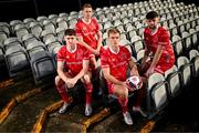 14 January 2022; Dundalk players, from left, John Martin, Paul Doyle, Greg Sloggett and Joe Adams at the launch of the club's new third choice strip at Oriel Park in Dundalk, Louth. Photo by Stephen McCarthy/Sportsfile