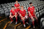 14 January 2022; Dundalk players, from left, John Martin, Paul Doyle, Greg Sloggett and Joe Adams at the launch of the club's new third choice strip at Oriel Park in Dundalk, Louth. Photo by Stephen McCarthy/Sportsfile