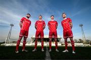 14 January 2022; Dundalk players, from left, Joe Adams, Greg Sloggett, John Martin and Paul Doyle at the launch of the club's new third choice strip at Oriel Park in Dundalk, Louth. Photo by Stephen McCarthy/Sportsfile