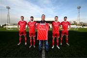 14 January 2022; Former Dundalk player Tom McNulty with players, from left, Greg Sloggett, Joe Adams, Paul Doyle and John Martin at the launch of the club's new third choice strip at Oriel Park in Dundalk, Louth. Photo by Stephen McCarthy/Sportsfile