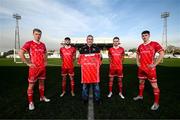 14 January 2022; Former Dundalk player Tom McNulty with players, from left, Greg Sloggett, Joe Adams, Paul Doyle and John Martin at the launch of the club's new third choice strip at Oriel Park in Dundalk, Louth. Photo by Stephen McCarthy/Sportsfile