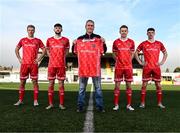 14 January 2022; Former Dundalk player Tom McNulty with players, from left, Greg Sloggett, Joe Adams, Paul Doyle and John Martin at the launch of the club's new third choice strip at Oriel Park in Dundalk, Louth. Photo by Stephen McCarthy/Sportsfile