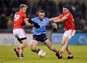 12 January 2022; Brian Fenton of Dublin in action against Leonard Grey, left, and Conall McKeever of Louth during the O'Byrne Cup Group A match between Dublin and Louth at Parnell Park in Dublin. Photo by Stephen McCarthy/Sportsfile