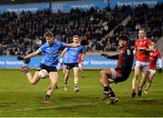 12 January 2022; Cameron McCormack of Dublin in action against Louth goalkeeper Martin McEneaney during the O'Byrne Cup Group A match between Dublin and Louth at Parnell Park in Dublin. Photo by Stephen McCarthy/Sportsfile