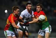 13 January 2022; Davy O'Neill of Kildare in action against Liam Roberts, left, and Shane Buggy of Carlow during the O'Byrne Cup Group C match between Carlow and Kildare at Netwatch Cullen Park in Carlow. Photo by Eóin Noonan/Sportsfile