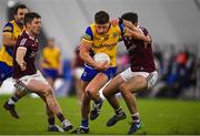 14 January 2022; Conor Cox of Roscommon in action against Cillian McDaid, right, and Johnny Heaney of Galway during the Connacht FBD League Final match between Galway and Roscommon at NUI Galway Connacht Air Dome in Bekan, Mayo. Photo by Sam Barnes/Sportsfile