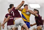 14 January 2022; Conor Cox of Roscommon in action against Johnny Heaney, left, and Seán Fitzgerald of Galway during the Connacht FBD League Final match between Galway and Roscommon at NUI Galway Connacht Air Dome in Bekan, Mayo. Photo by Sam Barnes/Sportsfile