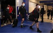 14 January 2022; Munster players, from left,Andrew Conway, Fineen Wycherley and John Hodnett  arrive before the Heineken Champions Cup Pool B match between Castres Olympique and Munster at Stade Pierre Fabre in Castres, France. Photo by Manuel Blondeu/Sportsfile