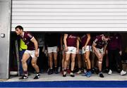 14 January 2022; Liam Silke of Galway, left, ducks under the automatic door as his team return to the field after half-time during the Connacht FBD League Final match between Galway and Roscommon at NUI Galway Connacht Air Dome in Bekan, Mayo. Photo by Sam Barnes/Sportsfile
