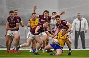 14 January 2022; Ciaran Sugrue of Roscommon appeals for a late foul under pressure from Jack Glynn, left, and Liam Silke of Galway during the Connacht FBD League Final match between Galway and Roscommon at NUI Galway Connacht Air Dome in Bekan, Mayo. Photo by Sam Barnes/Sportsfile