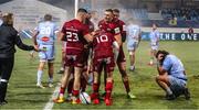 14 January 2022; Gavin Coombes of Munster, second from right, celebrates with teammates, Shane Daly, Jack Crowley and Chris Farrell after scoring their side's late winning try during the Heineken Champions Cup Pool B match between Castres Olympique and Munster at Stade Pierre Fabre in Castres, France. Photo by Manuel Blondeu/Sportsfile