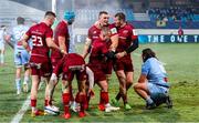 14 January 2022; Gavin Coombes of Munster, centre, celebrates with teammate Chris Farrell after scoring their side's late winning try during the Heineken Champions Cup Pool B match between Castres Olympique and Munster at Stade Pierre Fabre in Castres, France. Photo by Manuel Blondeu/Sportsfile
