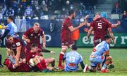 14 January 2022; Munster players, including John Hodnett, Gavin Coombes, Jeremy Loughman, Jean Kleyn, Tadhg Beirne and John Ryan celebrate at the final whistle of the Heineken Champions Cup Pool B match between Castres Olympique and Munster at Stade Pierre Fabre in Castres, France. Photo by Manuel Blondeu/Sportsfile