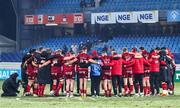 14 January 2022; The Munster team huddle after the Heineken Champions Cup Pool B match between Castres Olympique and Munster at Stade Pierre Fabre in Castres, France. Photo by Manuel Blondeu/Sportsfile