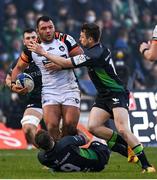 15 January 2022; Ellis Genge of Leicester Tigers is tackled by Kieran Marmion and Jack Carty of Connacht during the Heineken Champions Cup Pool B match between Connacht and Leicester Tigers at The Sportsground in Galway. Photo by Harry Murphy/Sportsfile