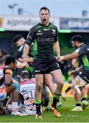 15 January 2022; Jack Carty of Connacht celebrates after teammate Tiernan O’Halloran scored their side's fourth try during the Heineken Champions Cup Pool B match between Connacht and Leicester Tigers at The Sportsground in Galway. Photo by Brendan Moran/Sportsfile
