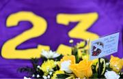 15 January 2022; A detailed view of the remembrance card written by the Wexford team for the late Ashling Murphy, who was murdered in Tullamore, Offaly, before the O'Byrne Cup Group B match between Meath and Wexford at Ashbourne GAA Club in Ashbourne, Meath. Photo by Ben McShane/Sportsfile