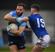 15 January 2022; Warren Egan of Dublin in action against Keelin McGann of Longford during the O'Byrne Cup Group A match between Longford and Dublin at Glennon Brothers Pearse Park in Longford. Photo by Stephen McCarthy/Sportsfile