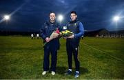 15 January 2022; Meath manager Andy McEntee, left, and Wexford manager Shane Roche present flowers in remembrance of the late Ashling Murphy before the O'Byrne Cup Group B match between Meath and Wexford at Ashbourne GAA Club in Ashbourne, Meath. Photo by Ben McShane/Sportsfile
