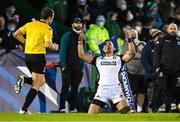 15 January 2022; Hosea Saumaki of Leicester Tigers reacts after scoring a last minute try, which was confirmed after going to the TMO, during the Heineken Champions Cup Pool B match between Connacht and Leicester Tigers at The Sportsground in Galway. Photo by Brendan Moran/Sportsfile