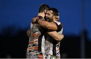 15 January 2022; Ellis Genge, right, and Calum Green of Leicester Tigers embrace after their side's victory in the Heineken Champions Cup Pool B match between Connacht and Leicester Tigers at The Sportsground in Galway. Photo by Harry Murphy/Sportsfile