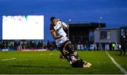 15 January 2022; Hosea Saumaki of Leicester Tigers evades the tackle of Tiernan O'Halloran of Connacht on his way to scoring his side's fifth try during the Heineken Champions Cup Pool B match between Connacht and Leicester Tigers at The Sportsground in Galway. Photo by Harry Murphy/Sportsfile