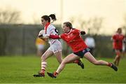 16 January 2022; Cora Courtney of Donaghmoyne in action against Hannah Noone of Kilkerrin-Clonberne during the 2021 currentaccount.ie LGFA All-Ireland Senior Club Championship Semi-Final match between Kilkerrin-Clonberne and Donaghmoyne at Kilkerrin-Clonberne GAA in Clonberne, Galway. Photo by Sam Barnes/Sportsfile