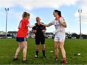 16 January 2022; Captains Louise Ward of Kilkerrin-Clonberne, left, and Amanda Finnegan of Donaghmoyne, right, bump fists infront of Referee Gus Chapman before the 2021 currentaccount.ie LGFA All-Ireland Senior Club Championship Semi-Final match between Kilkerrin-Clonberne and Donaghmoyne at Kilkerrin-Clonberne GAA in Clonberne, Galway. Photo by Sam Barnes/Sportsfile