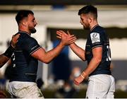 16 January 2022; Ross Byrne of Leinster, right, celebrates after scoring his side's third try with team-mate Rónan Kelleher during the Heineken Champions Cup Pool A match between Leinster and Montpellier Hérault at the RDS Arena in Dublin. Photo by Harry Murphy/Sportsfile