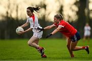 16 January 2022; Cora Courtney of Donaghmoyne in action against Lynsey Noone of Kilkerrin-Clonberne during the 2021 currentaccount.ie LGFA All-Ireland Senior Club Championship Semi-Final match between Kilkerrin-Clonberne and Donaghmoyne at Kilkerrin-Clonberne GAA in Clonberne, Galway. Photo by Sam Barnes/Sportsfile