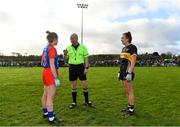 16 January 2022; Referee Jonathan Murphy with team captains Fiona O'Neill of St Peter's Dunboyne, left, and Brid O'Sullivan of Mourneabbey before the 2021 currentaccount.ie All-Ireland Ladies Senior Club Football Championship semi-final match between Mourneabbey and St Peter's Dunboyne at Clyda Rovers GAA, in Cork. Photo by Seb Daly/Sportsfile